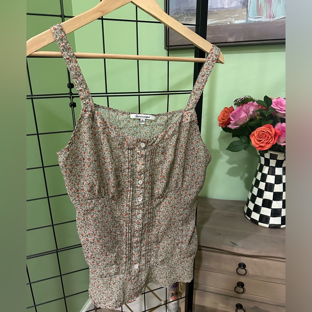Smocked Floral Button-Front Tank Top in Sage and Coral